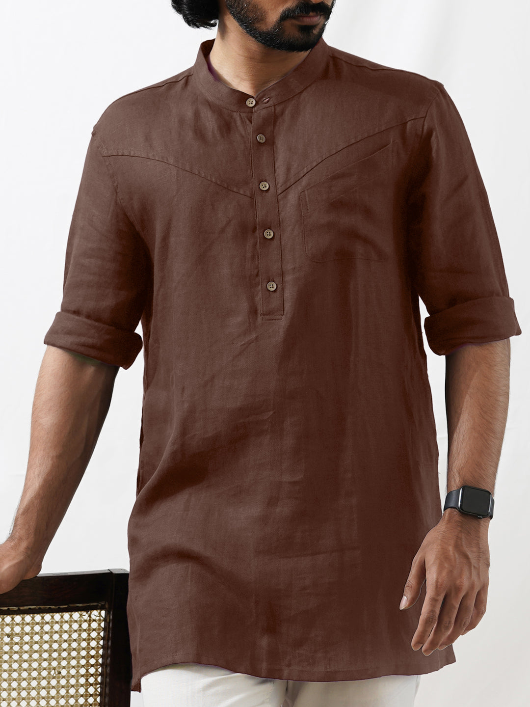 Wills - Full Sleeve Mandarin Collar Pure Linen Short Kurta - Coffee Brown