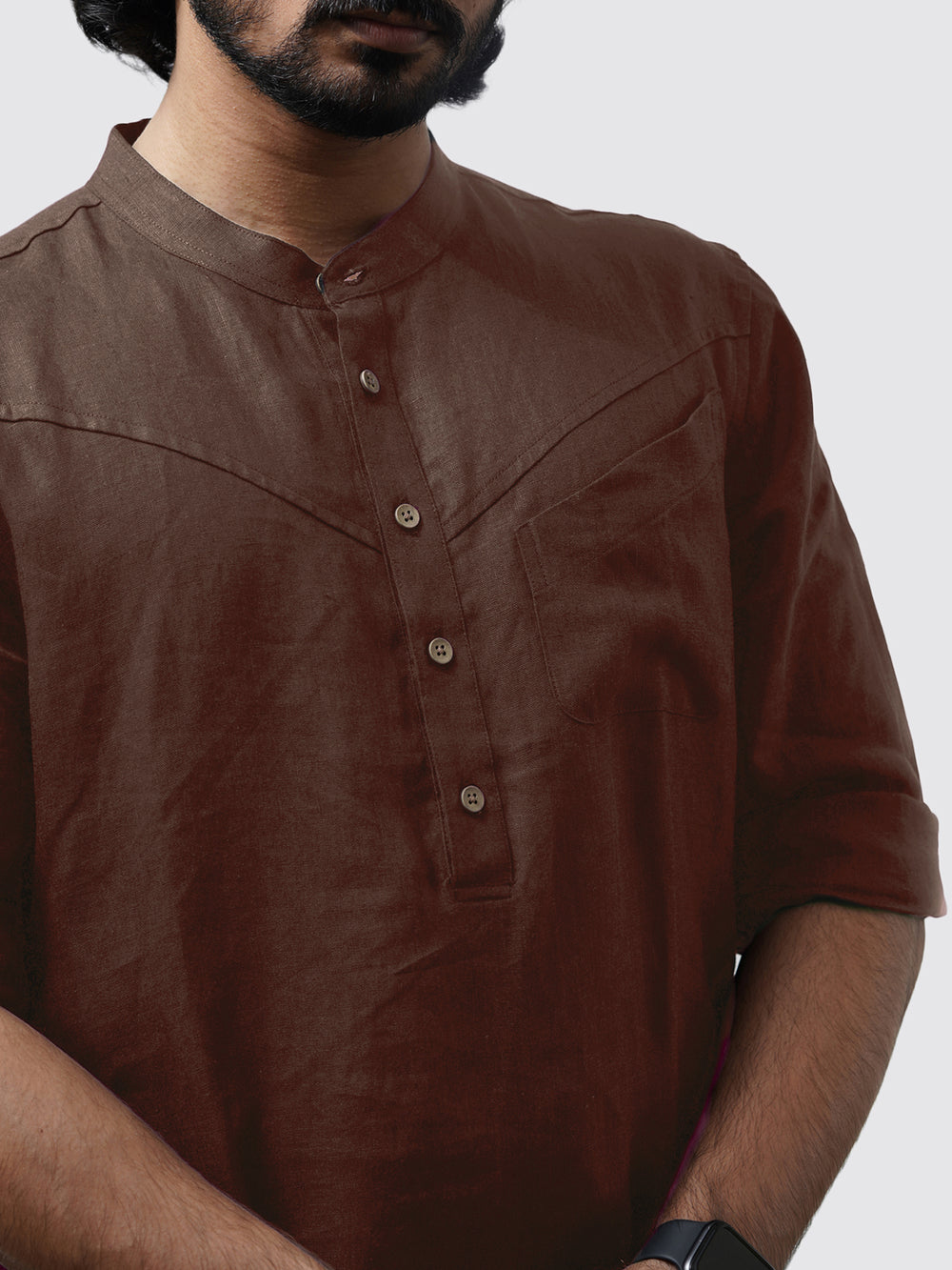 Wills - Full Sleeve Mandarin Collar Pure Linen Short Kurta - Coffee Brown