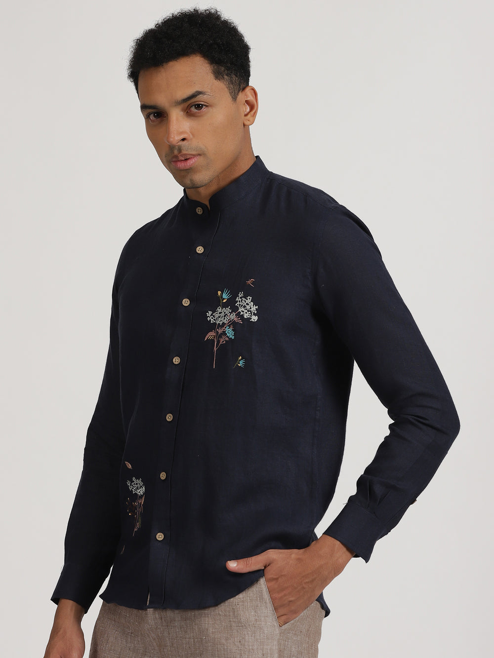Wilson - Pure Linen Hand Embroidered Full Sleeve Shirt - Dark Blue