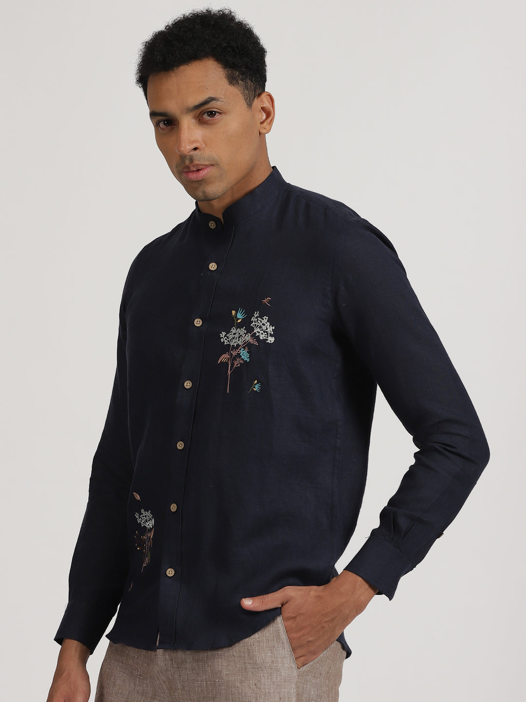 Wilson - Pure Linen Hand Embroidered Full Sleeve Shirt - Dark Blue