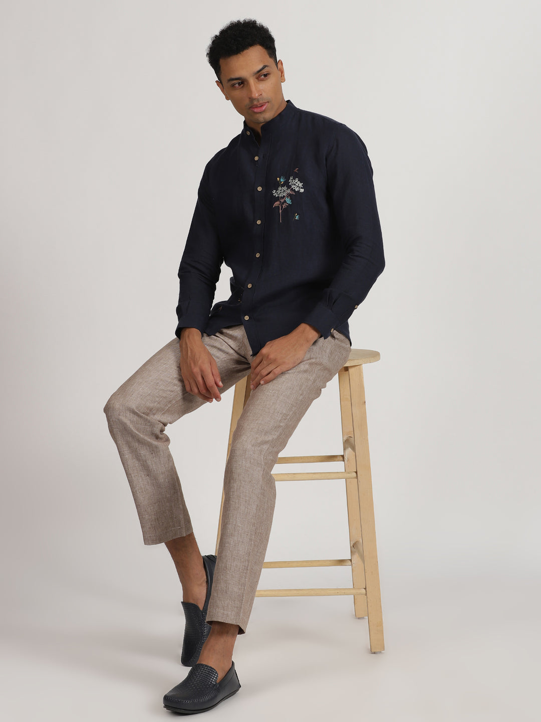 Wilson - Pure Linen Hand Embroidered Full Sleeve Shirt - Dark Blue