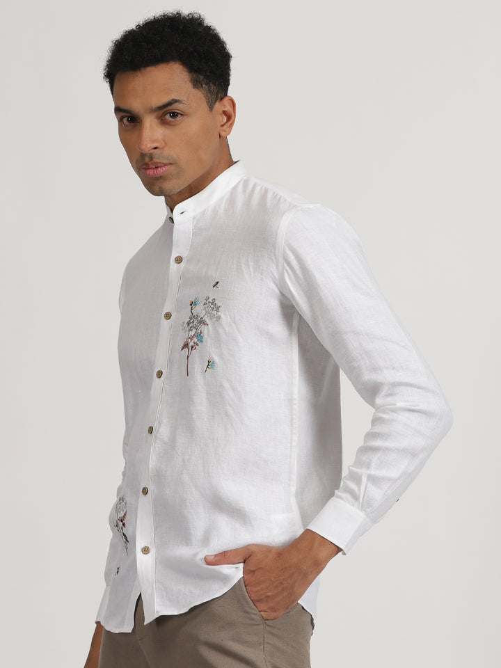Wilson - Pure Linen Hand Embroidered Full Sleeve Shirt - White