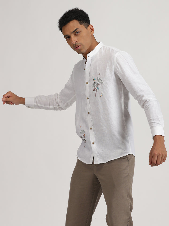 Wilson - Pure Linen Hand Embroidered Full Sleeve Shirt - White