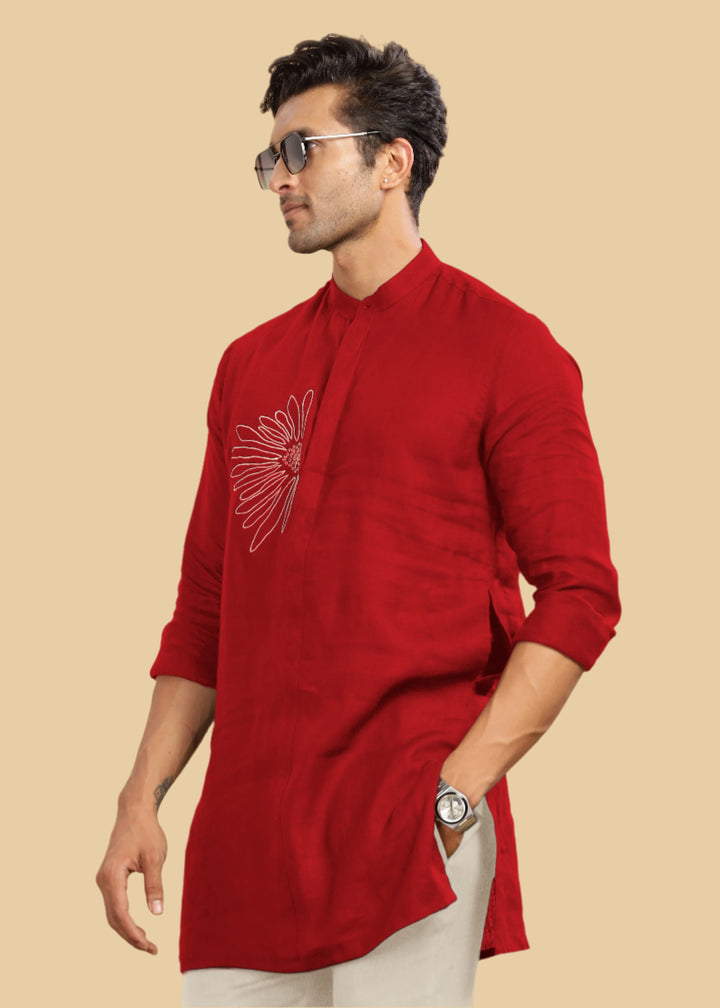 Yash Kurta - Pure Linen Kurta with Floral Embroidery | Mud Red