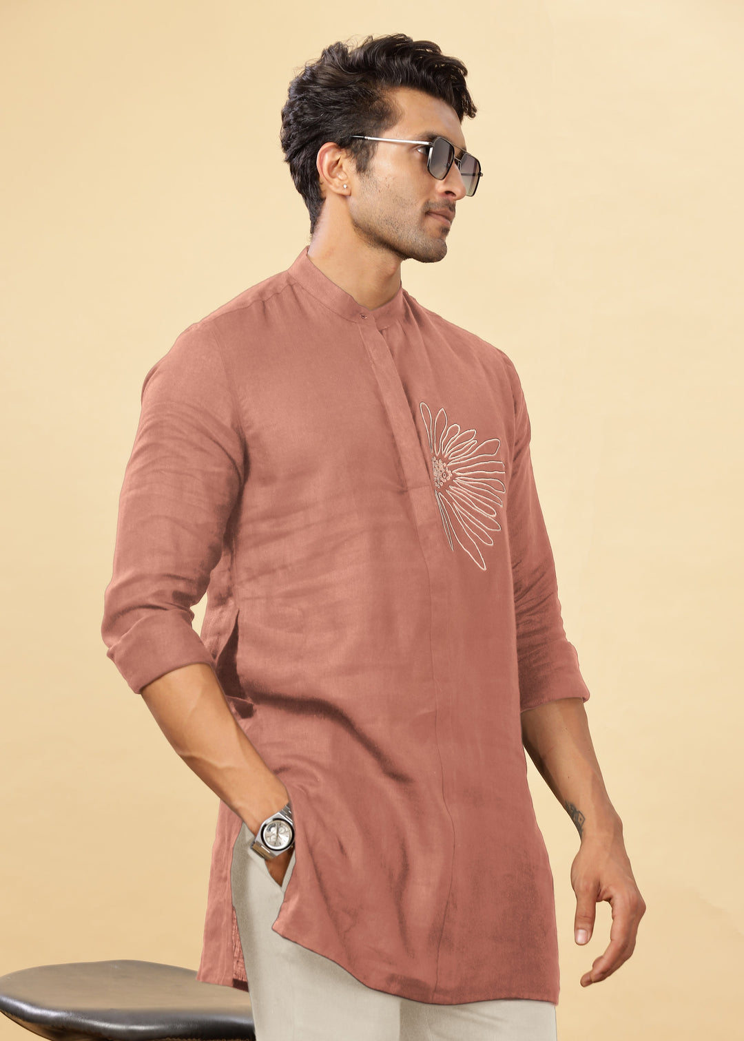 Yash Kurta - Pure Linen Kurta with Floral Embroidery | Fondue Pink