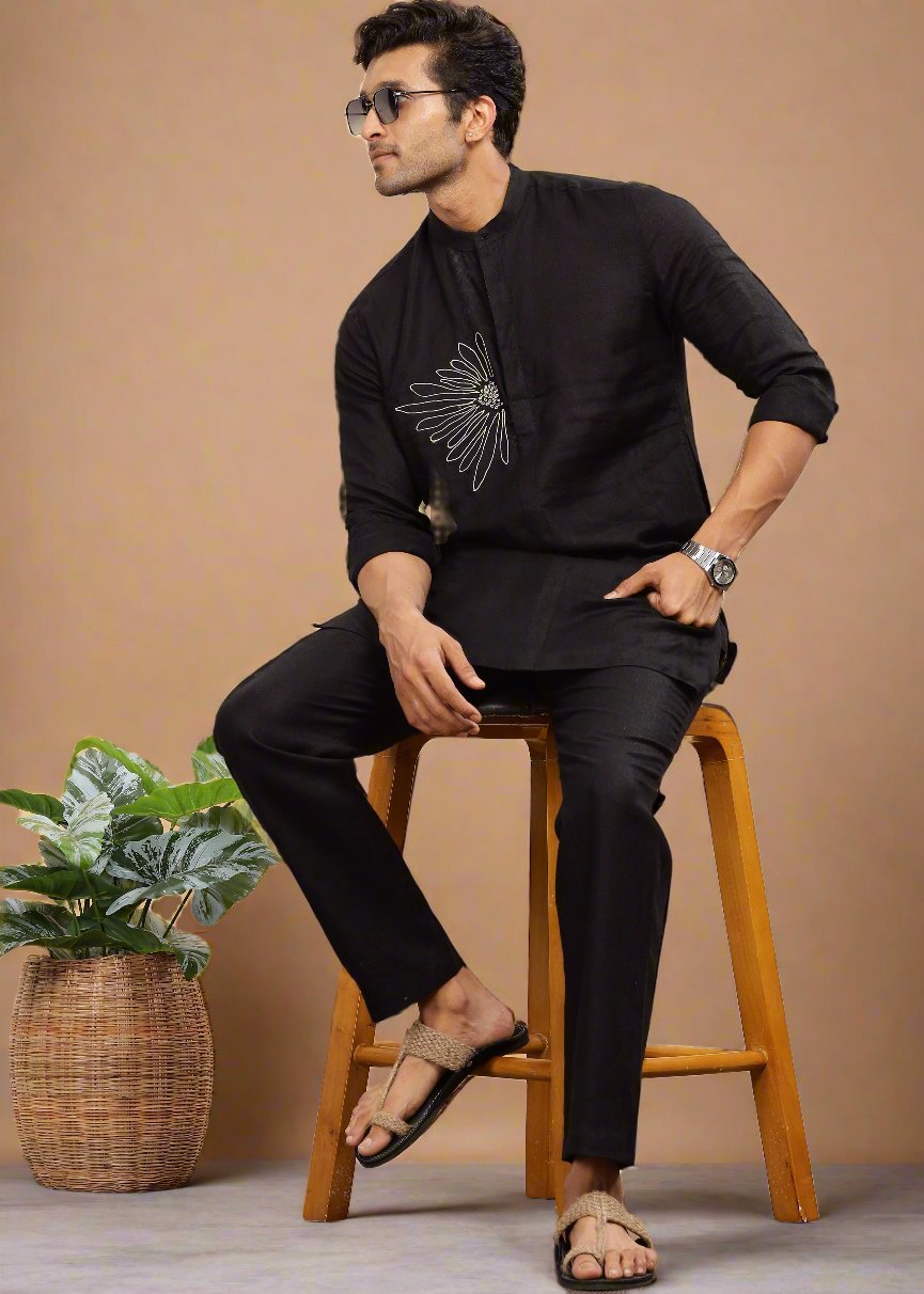 Yash Kurta - Pure Linen Kurta with Floral Embroidery | Black