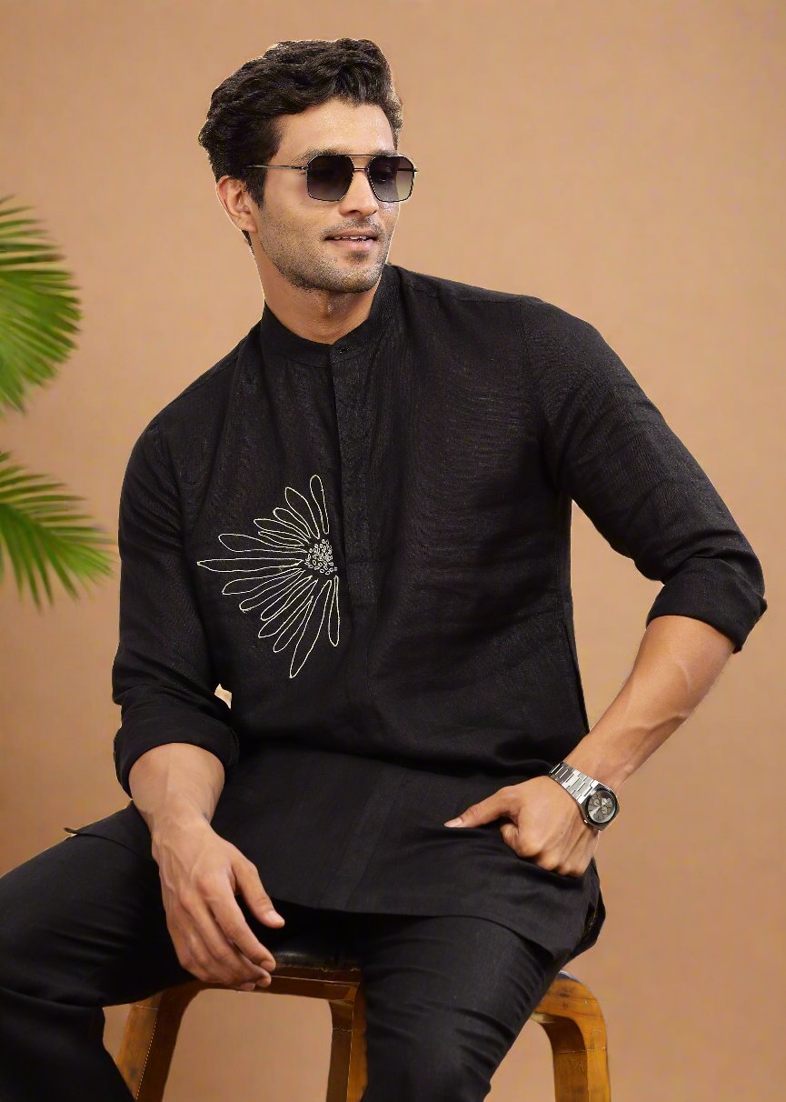 Yash Kurta - Pure Linen Kurta with Floral Embroidery | Black