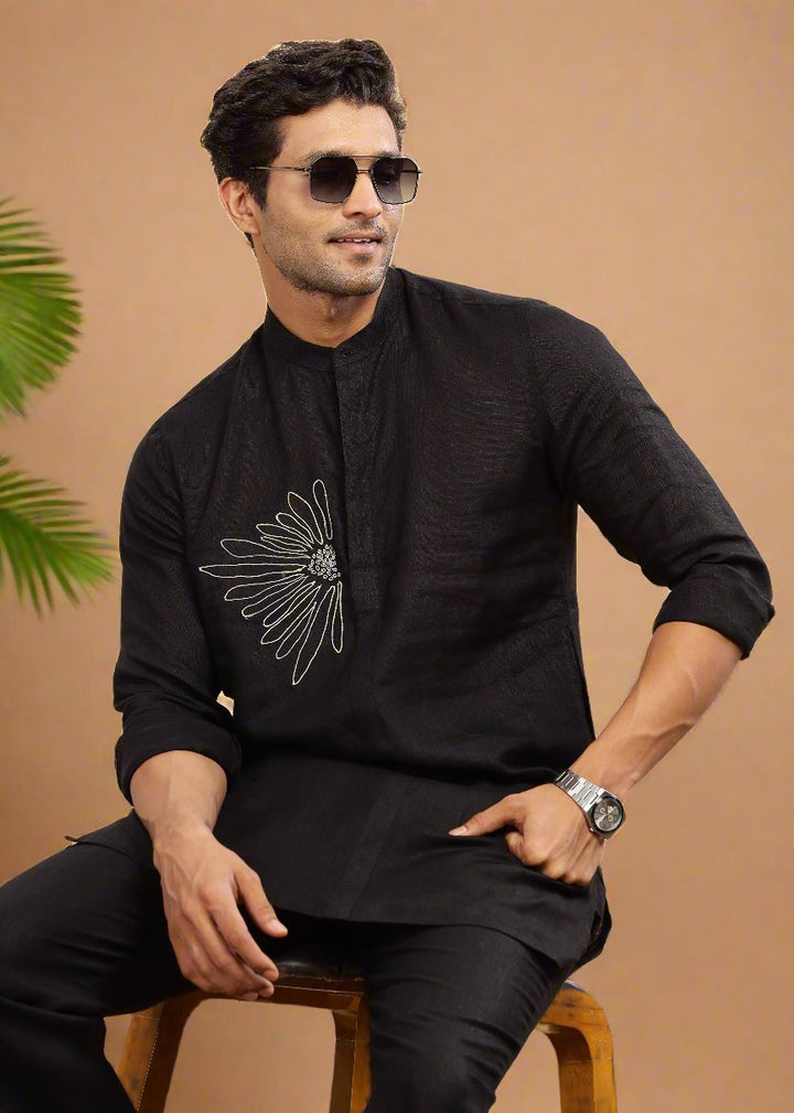 Yash Kurta - Pure Linen Kurta with Floral Embroidery | Black