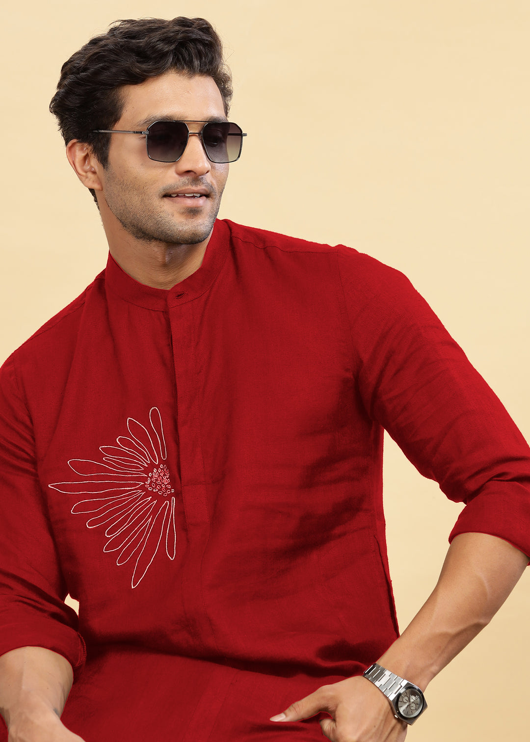 Yash Kurta - Pure Linen Kurta with Floral Embroidery | Mud Red