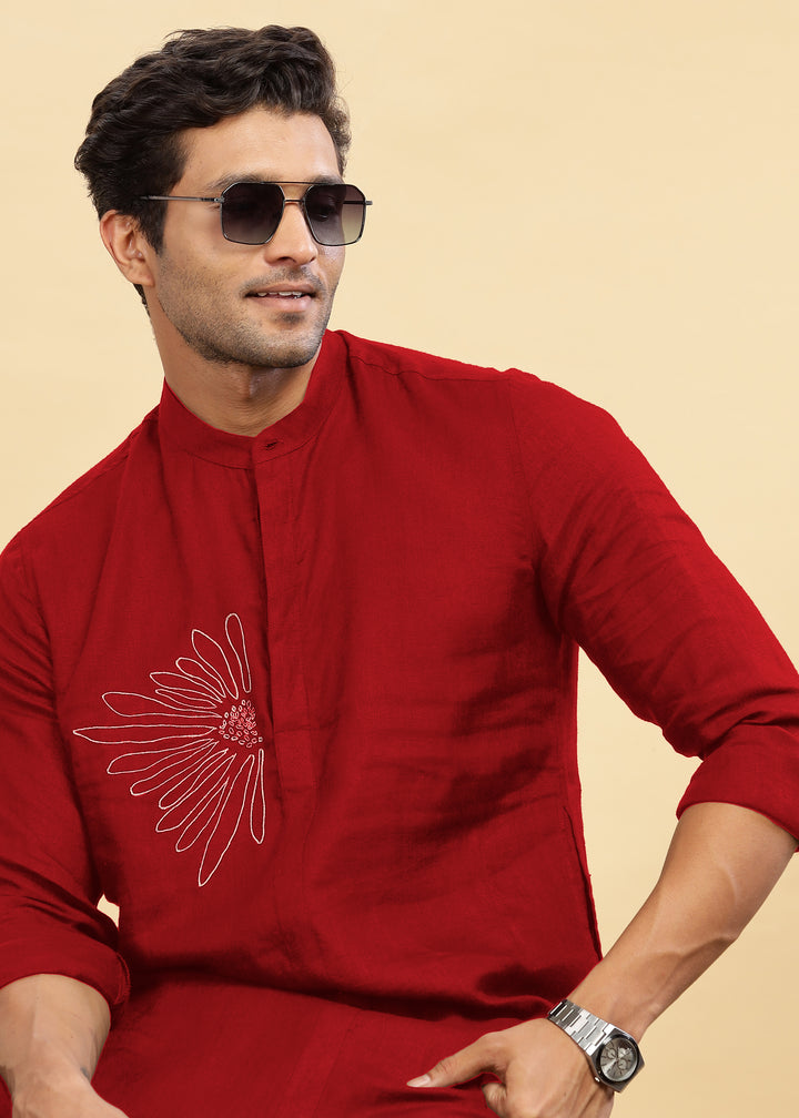 Yash Kurta - Pure Linen Kurta with Floral Embroidery | Mud Red
