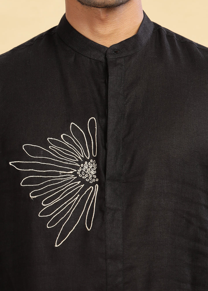 Yash Kurta - Pure Linen Kurta with Floral Embroidery | Black