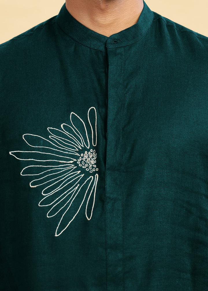 Yash Kurta - Pure Linen Kurta with Floral Embroidery | Dark Pine Green
