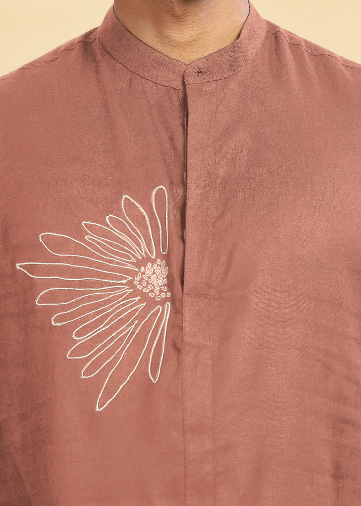 Yash Kurta - Pure Linen Kurta with Floral Embroidery | Fondue Pink