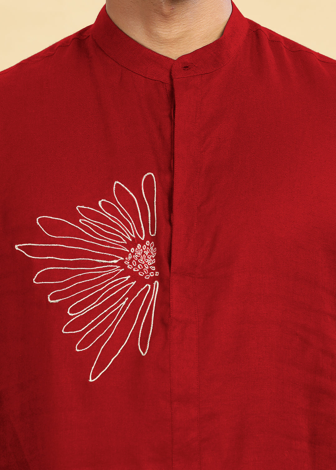 Yash Kurta - Pure Linen Kurta with Floral Embroidery | Mud Red