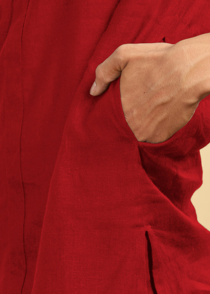 Yash Kurta - Pure Linen Kurta with Floral Embroidery | Mud Red