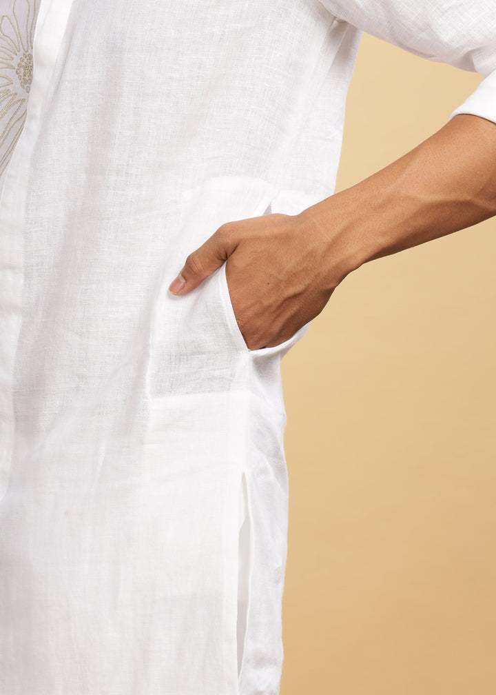 Yash Kurta - Pure Linen Kurta with Floral Embroidery | White