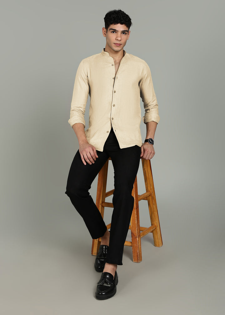 Zeke - Pure Linen Shirt with Back Box Pleat & Button Detail - Light Tea Yellow