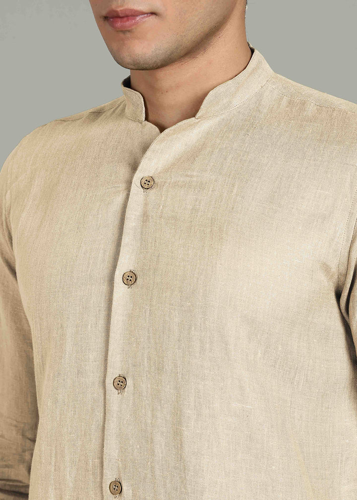 Zeke - Pure Linen Shirt with Back Box Pleat & Button Detail - Light Tea Yellow