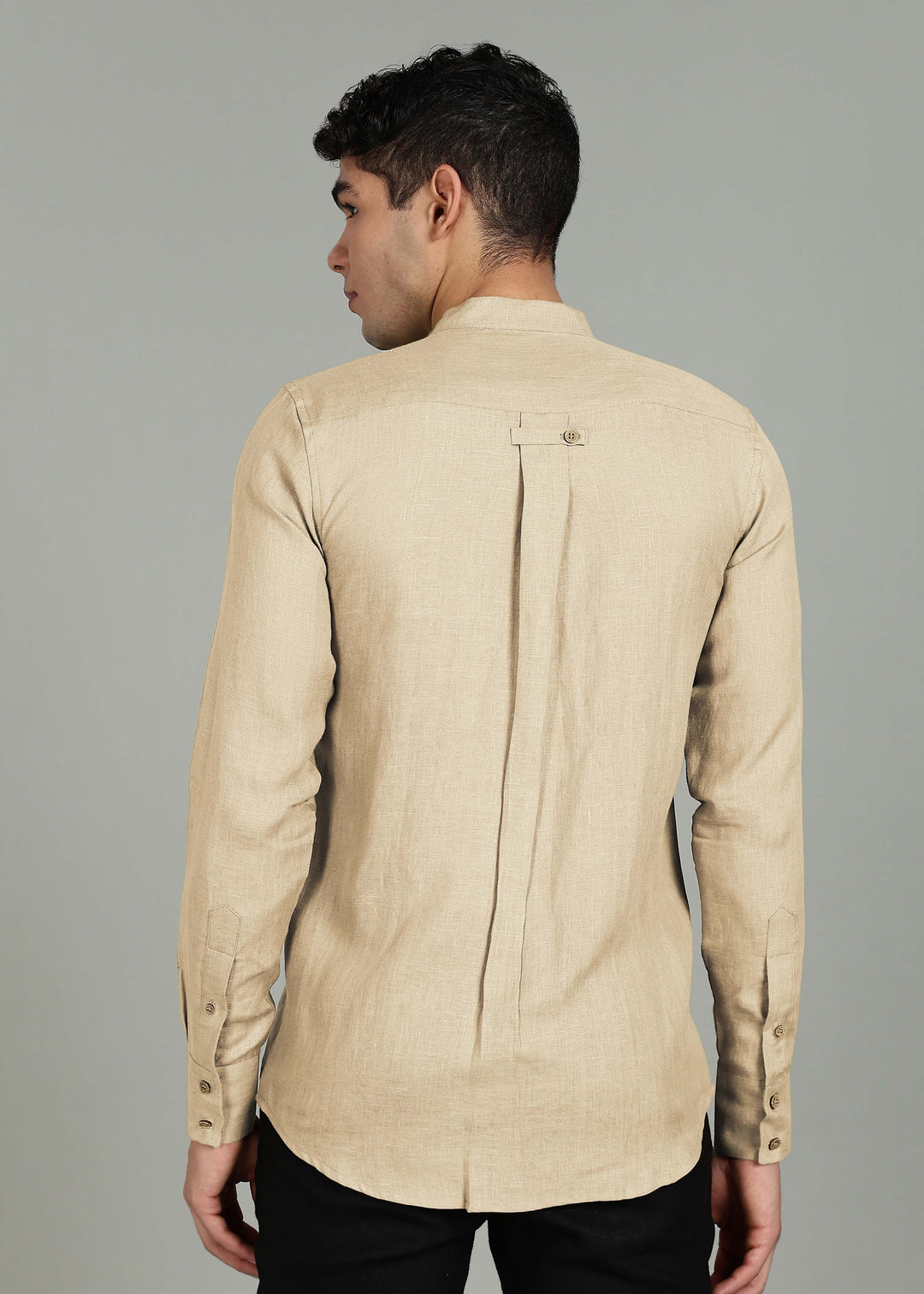 Zeke - Pure Linen Shirt with Back Box Pleat & Button Detail - Light Tea Yellow