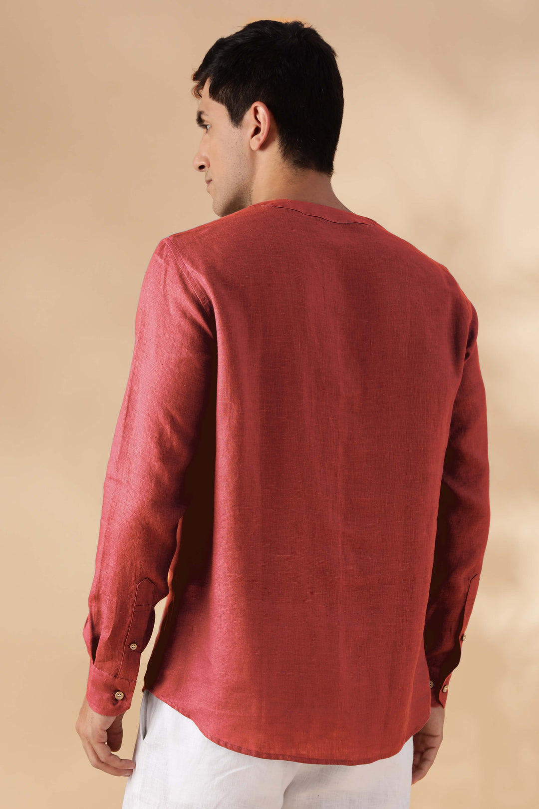 Zuri - Full Sleeve Pure Linen Short Kurta - Terracotta Red