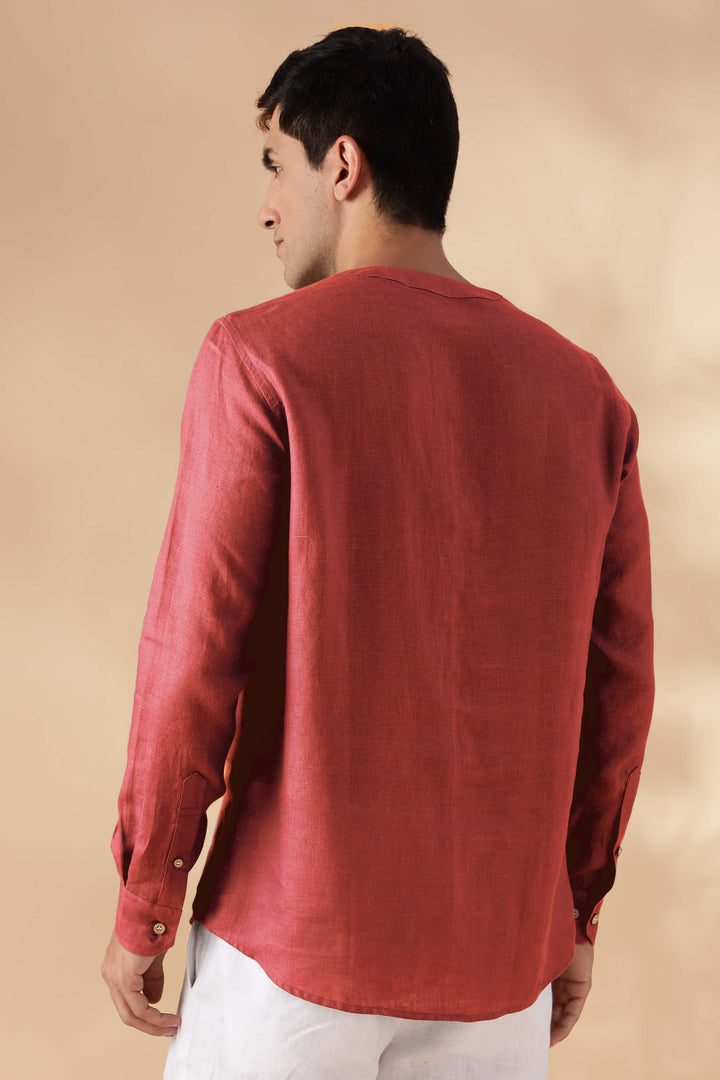 Zuri - Full Sleeve Pure Linen Short Kurta - Terracotta Red