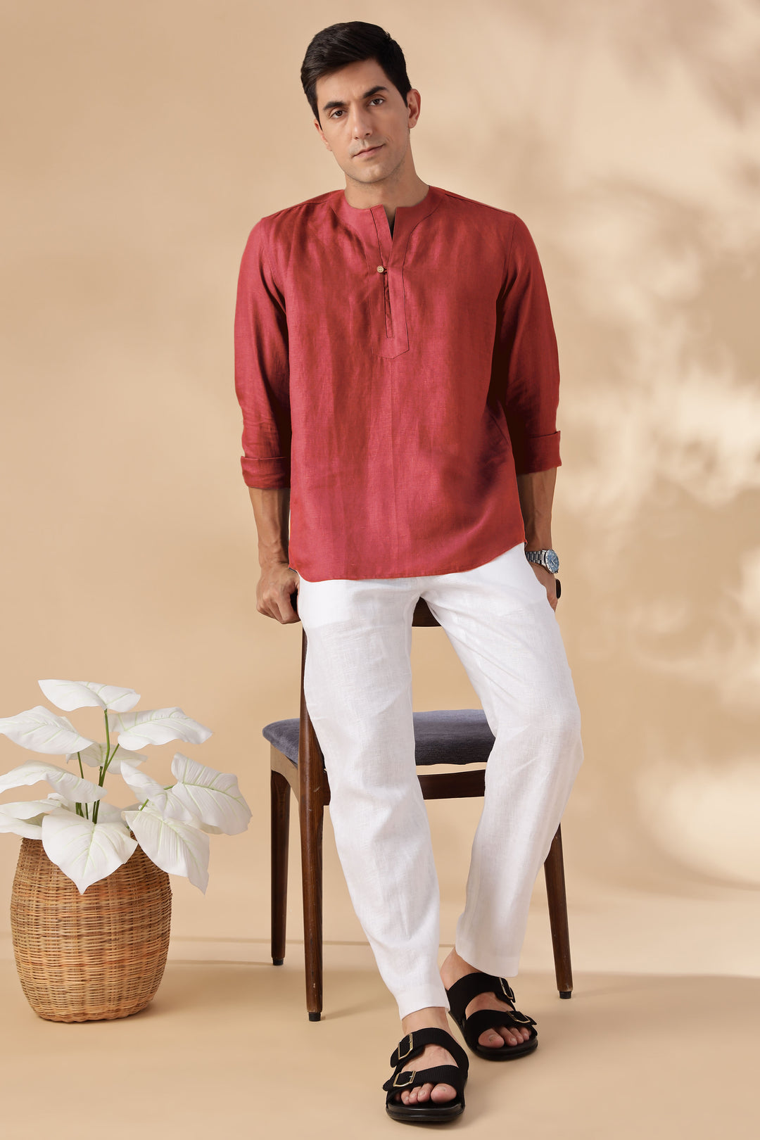 Zuri - Full Sleeve Pure Linen Short Kurta - Terracotta Red