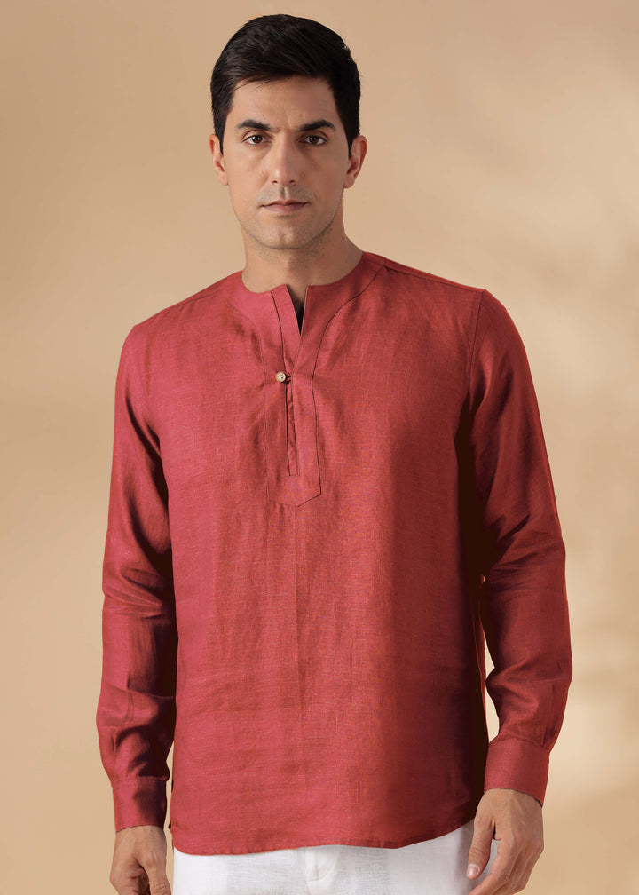 Zuri - Full Sleeve Pure Linen Short Kurta - Terracotta Red