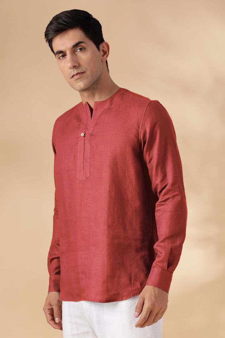 Zuri - Full Sleeve Pure Linen Short Kurta - Terracotta Red