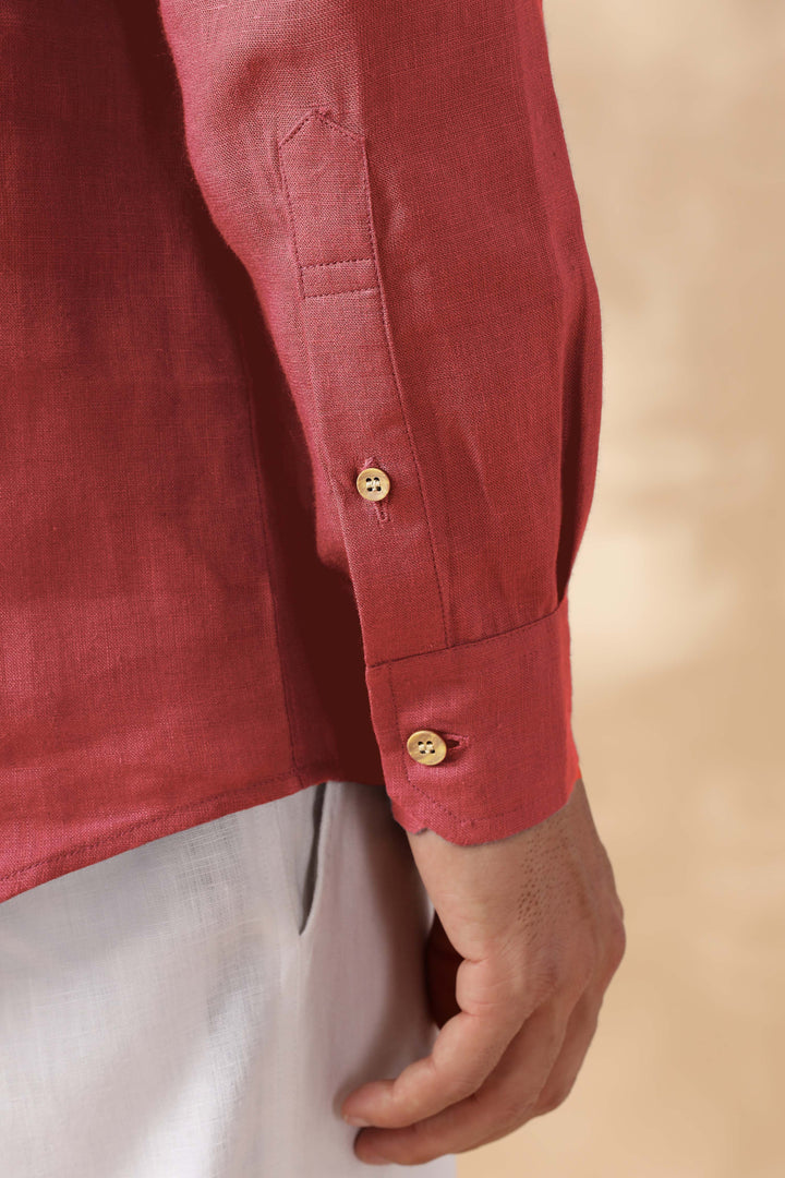 Zuri - Full Sleeve Pure Linen Short Kurta - Terracotta Red