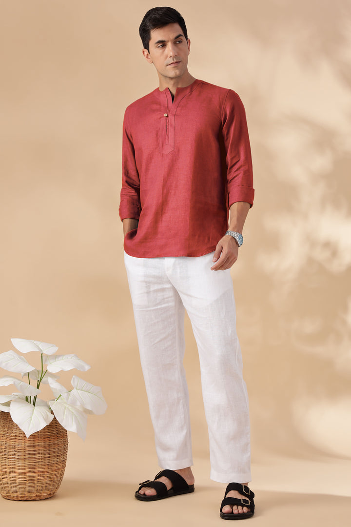 Zuri - Full Sleeve Pure Linen Short Kurta - Terracotta Red