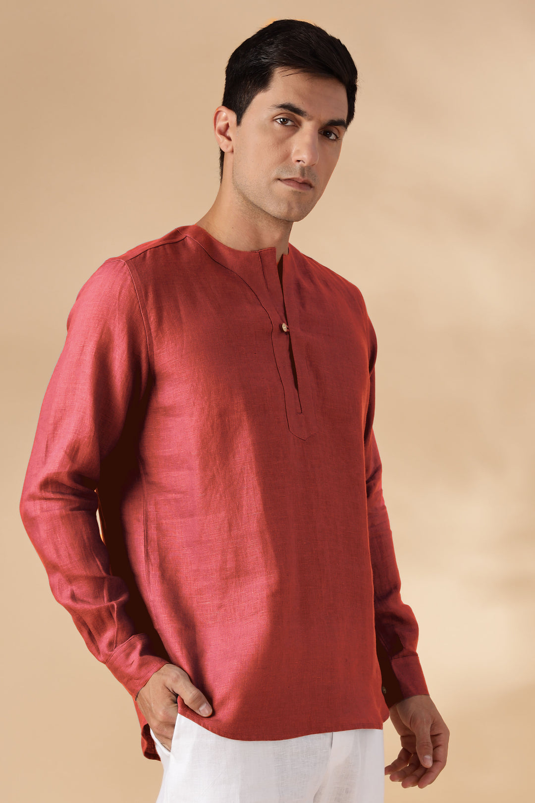 Zuri - Full Sleeve Pure Linen Short Kurta - Terracotta Red