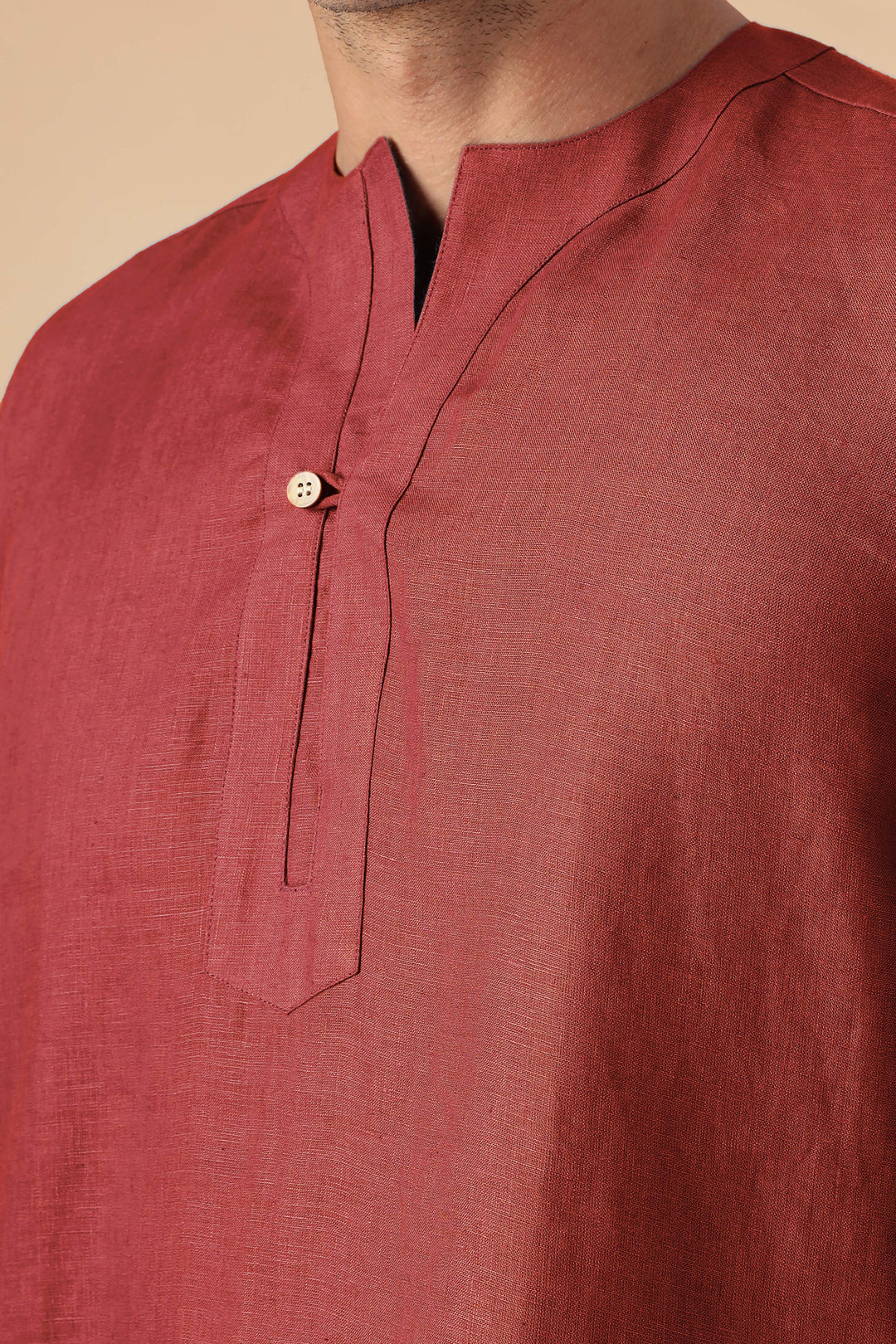 Zuri - Full Sleeve Pure Linen Short Kurta - Terracotta Red