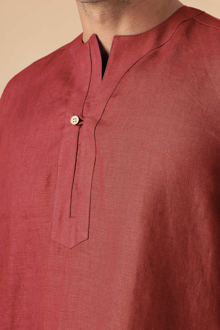 Zuri - Full Sleeve Pure Linen Short Kurta - Terracotta Red