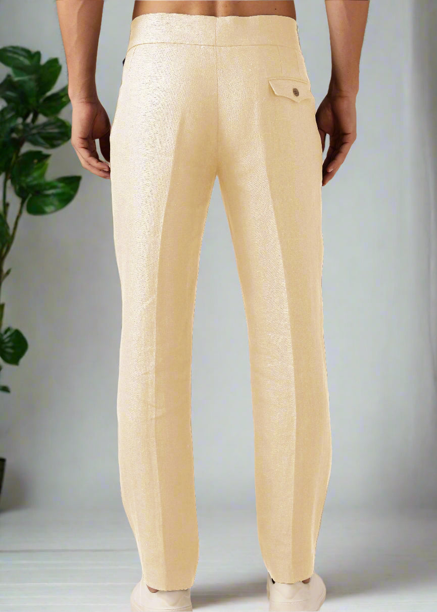 Liv - Pure Linen Double Pleated with Overlap Button Detail Trousers - Cappuccino Beige