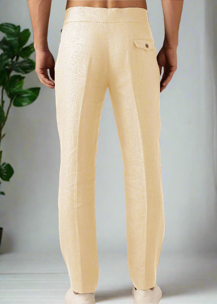 Liv - Pure Linen Double Pleated with Overlap Button Detail Trousers - Cappuccino Beige