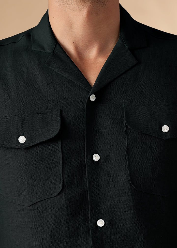 Dune - Cuban Collar Pure Linen Half Sleeve Shirt - Black