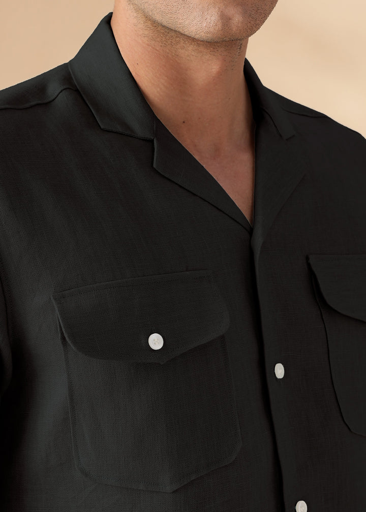 Dune - Cuban Collar Pure Linen Half Sleeve Shirt - Black