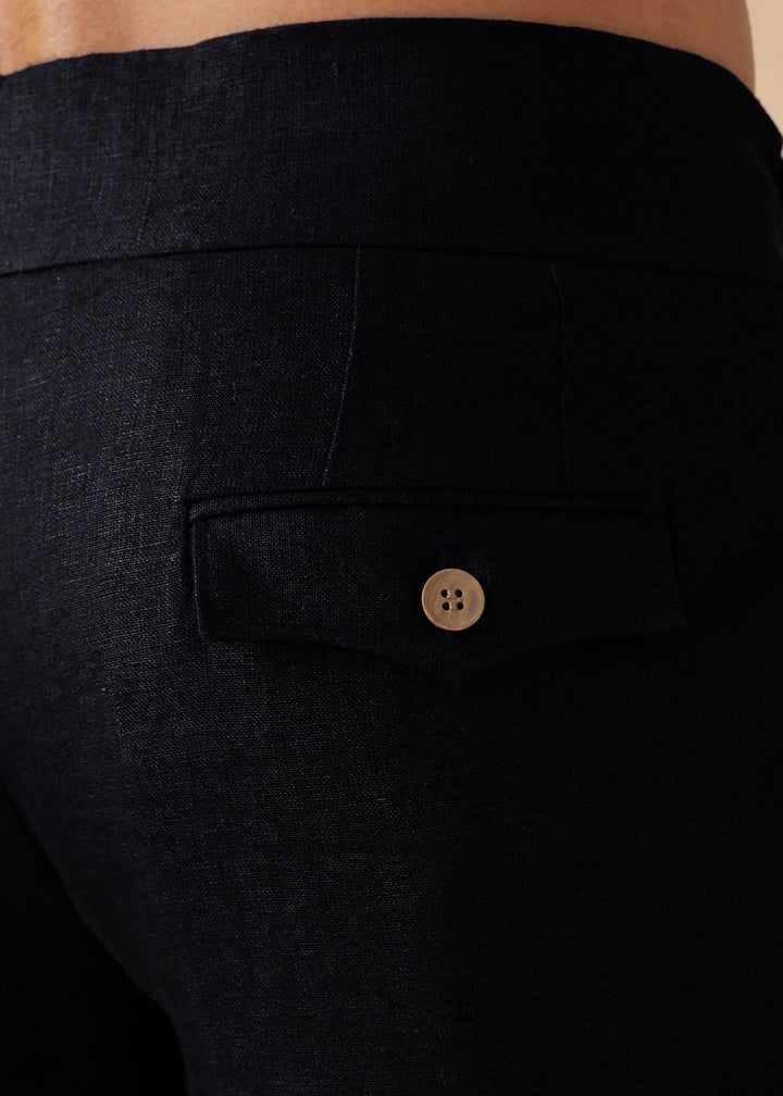 Liv - Pure Linen Double Pleated with Overlap Button Detail Trousers - Black
