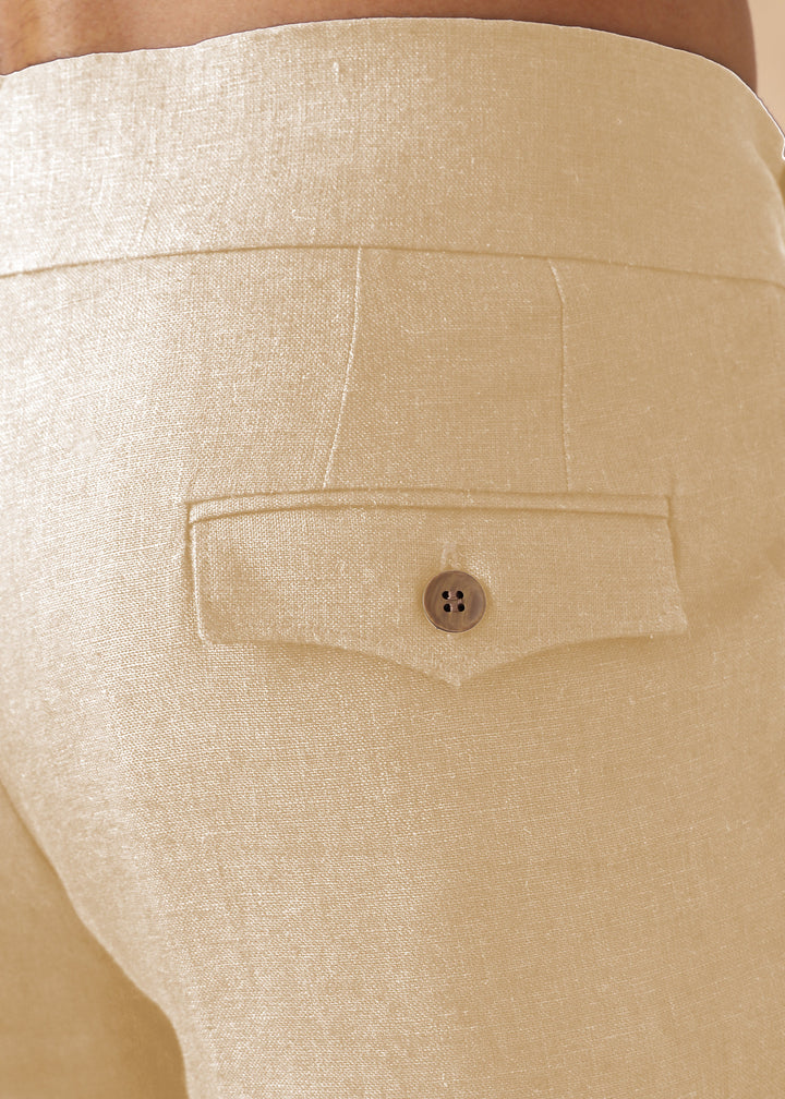 Liv - Pure Linen Double Pleated with Overlap Button Detail Trousers - Cappuccino Beige