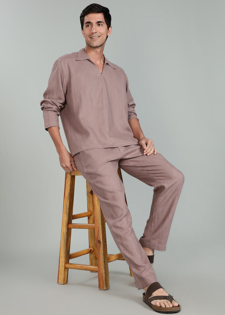 Duke Pure Linen Pull Over T-Shirt with Ivo Pant Set - Muted Brown