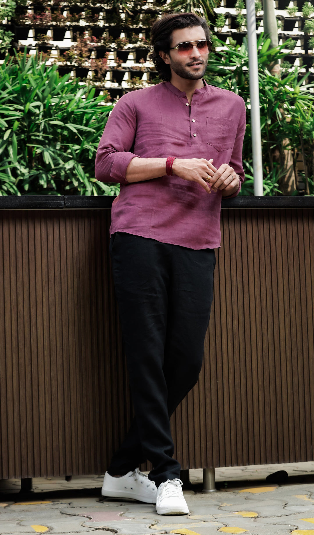 Trevor - Half Placket Pure Linen Full Sleeve Shirt - Twilight Purple