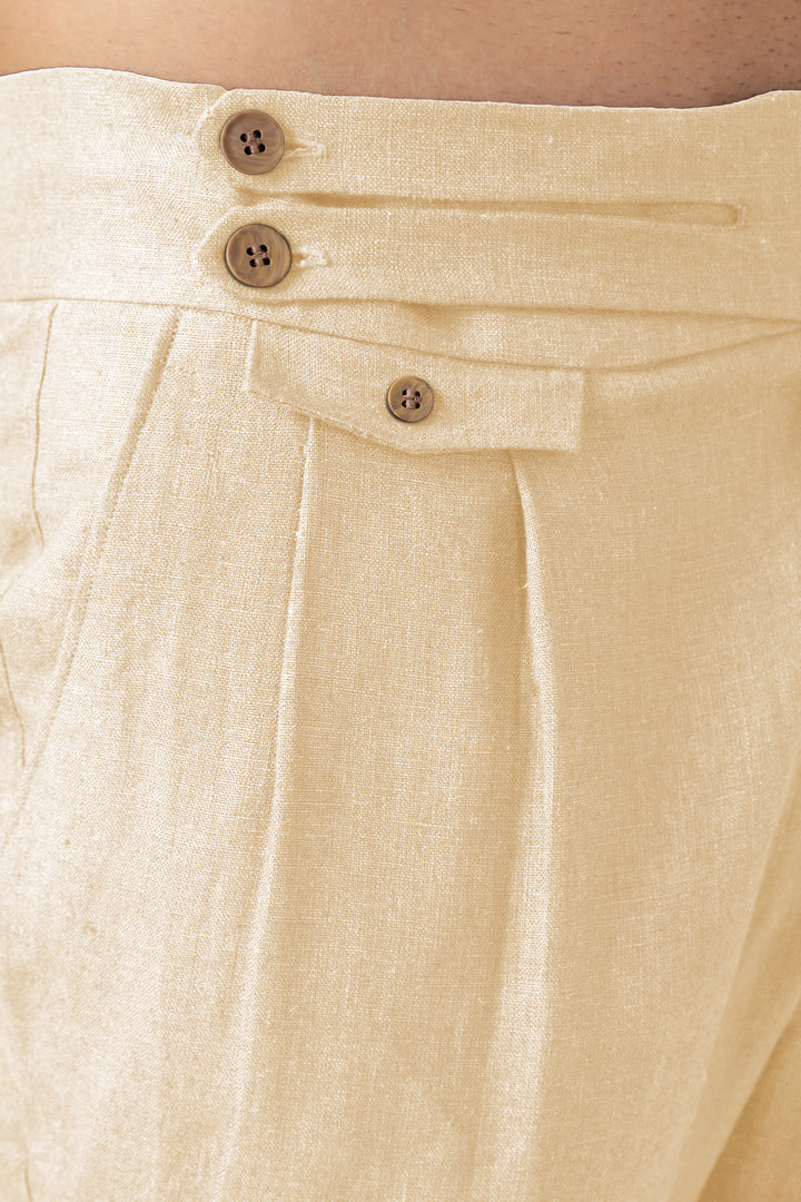 Liv - Pure Linen Double Pleated with Overlap Button Detail Trousers - Cappuccino Beige