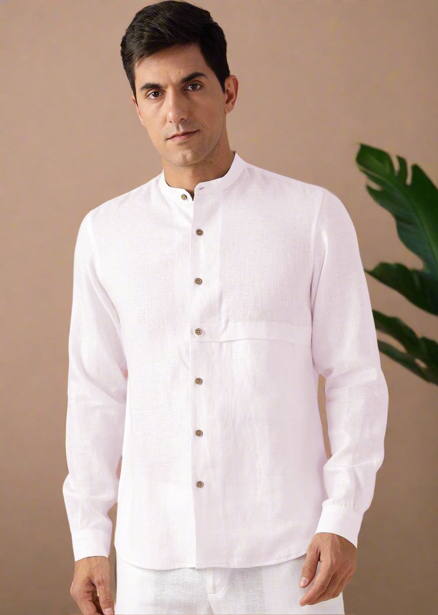 Drae Korean Shirt - Pure Linen Full Sleeve Shirt with Band Collar - Light Pink