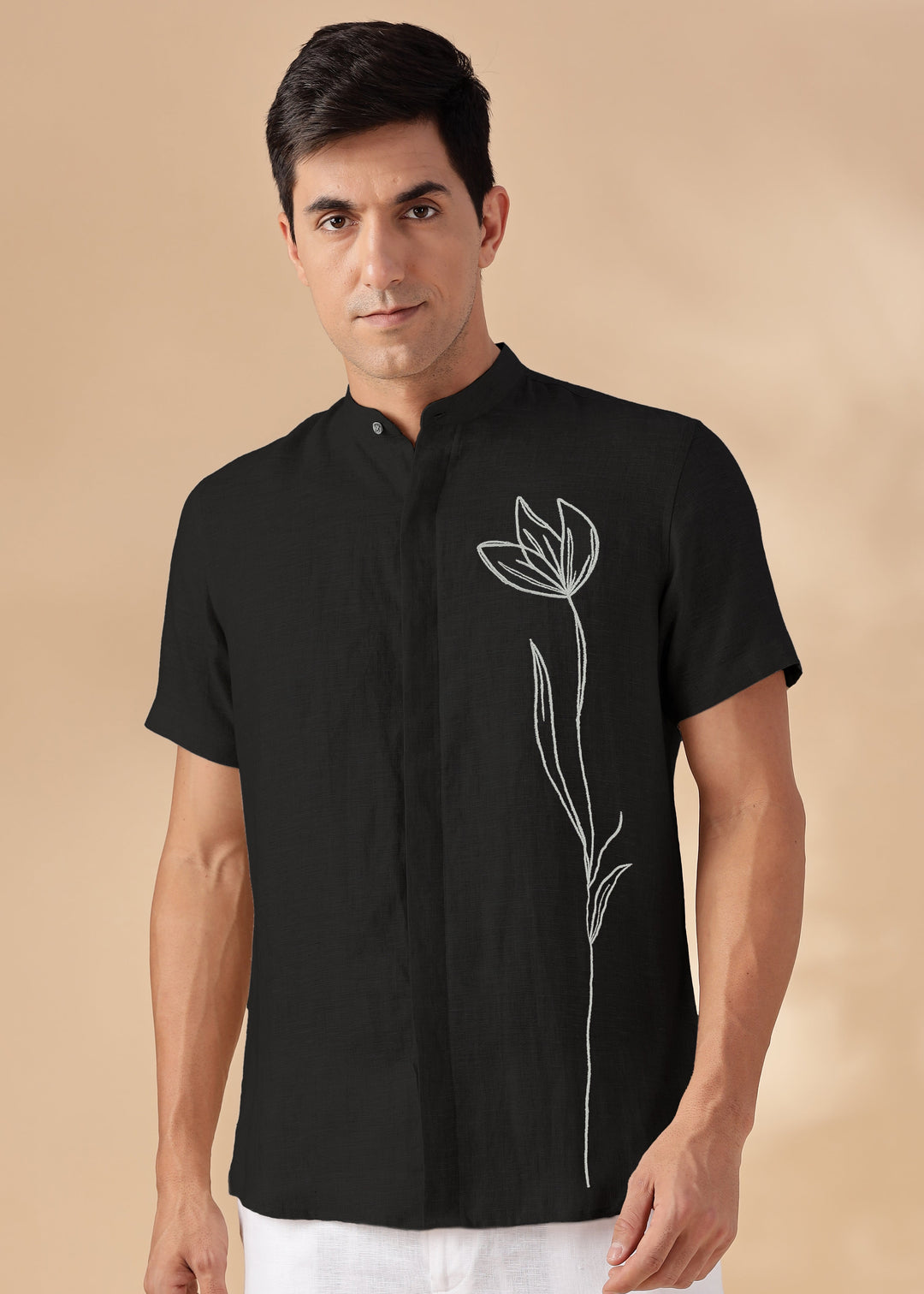Amari - Pure Linen Short Sleeve Shirt with Floral Embroidery - Black