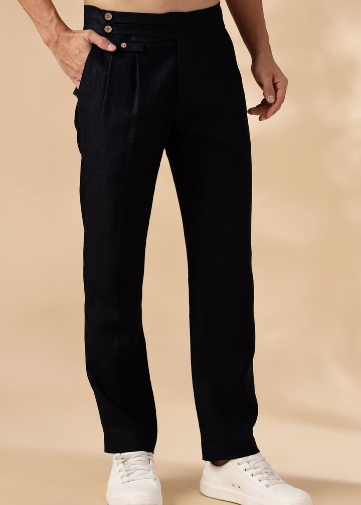 Liv - Pure Linen Double Pleated with Overlap Button Detail Trousers - Black