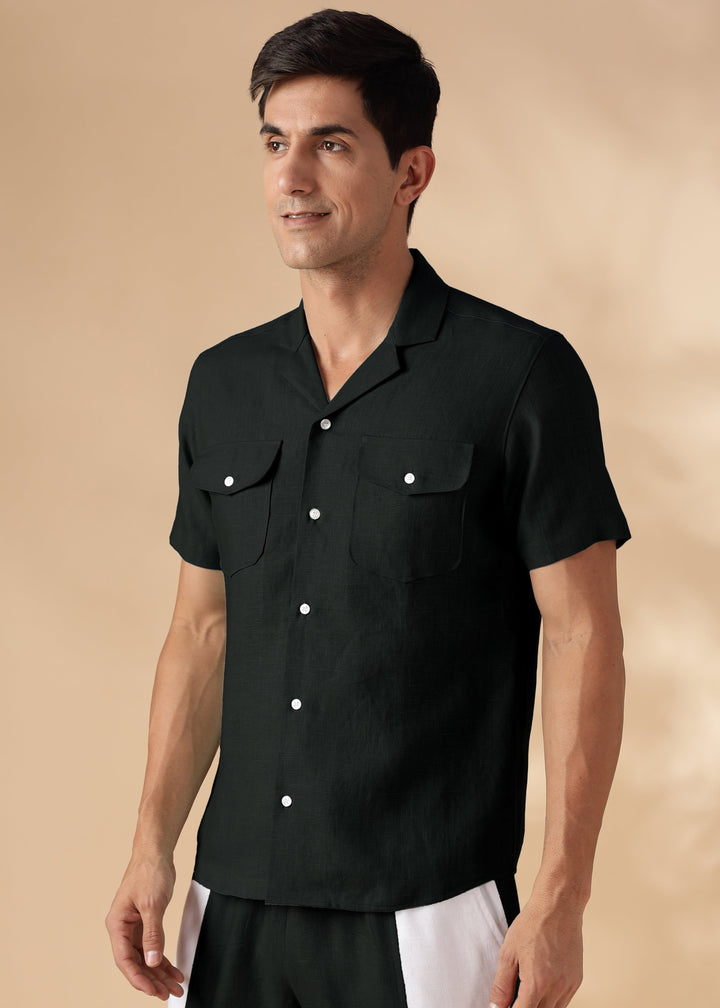 Dune - Cuban Collar Pure Linen Half Sleeve Shirt - Black