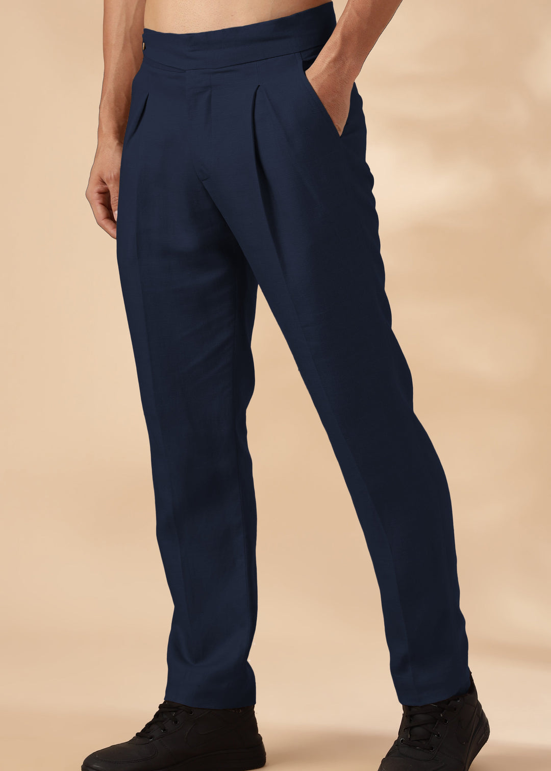 Foster - Pure Linen Trousers with Stylised Waistband - Navy Blue