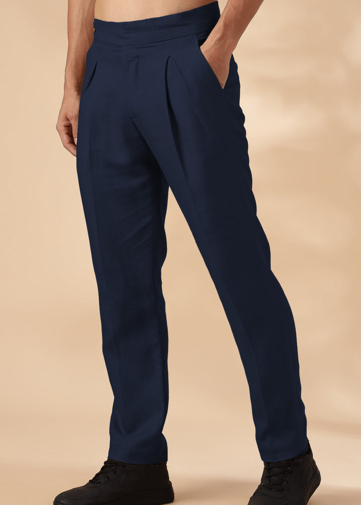 Foster - Pure Linen Trousers with Stylised Waistband - Navy Blue
