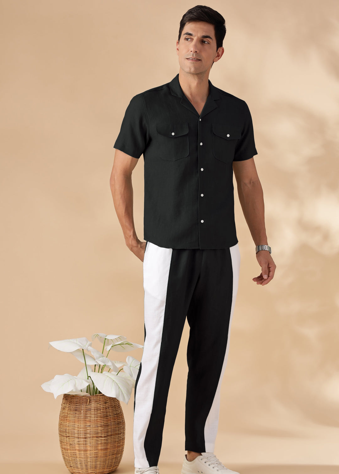 Dune - Cuban Collar Pure Linen Half Sleeve Shirt - Black