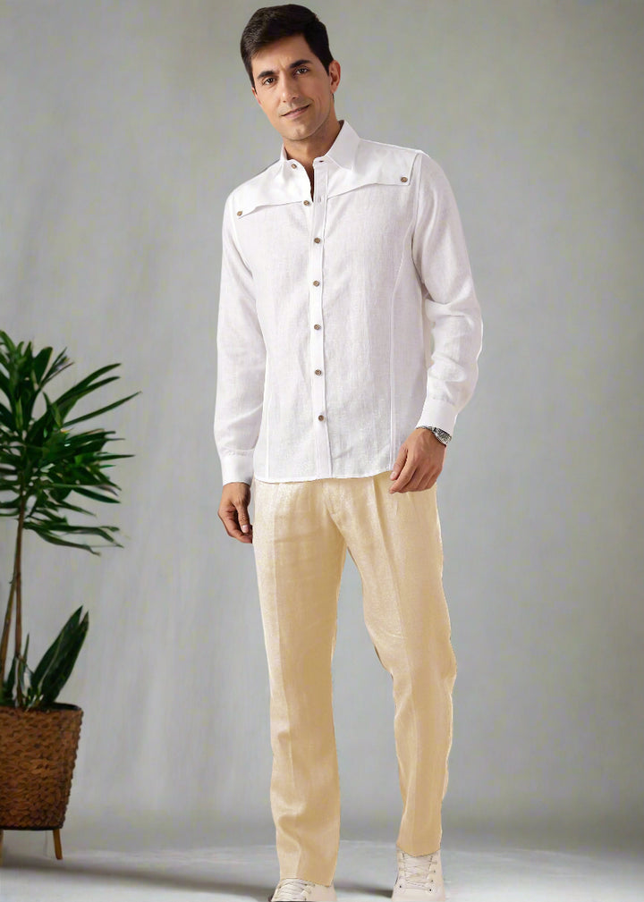 Liv - Pure Linen Double Pleated with Overlap Button Detail Trousers - Cappuccino Beige